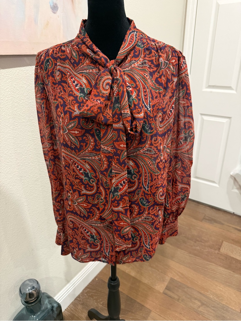 Ralph Lauren Red Paisley Silk Bow Blouse